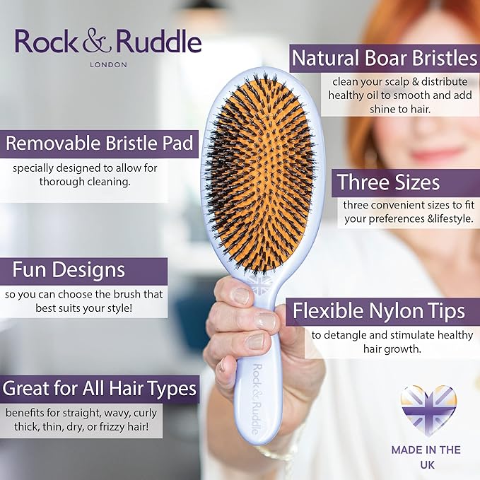 Rock & Ruddle Natural Mixed Boar Bristle Hair Brush for Women and Kids (Small 6.9") - Perfect for Wet or Dry Hair, Detangling Smoothing Blowdrying - Designed & Made in UK - Pink Blossom