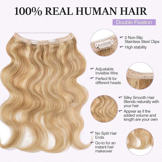 Halo Hair Extensions Real Human Hair,Halo Hair Extension 100% Human Hair,Wire Hair Extensions,Wavy 18P613 Gold Blonde Mixed Bleach Blonde 70g/20inch