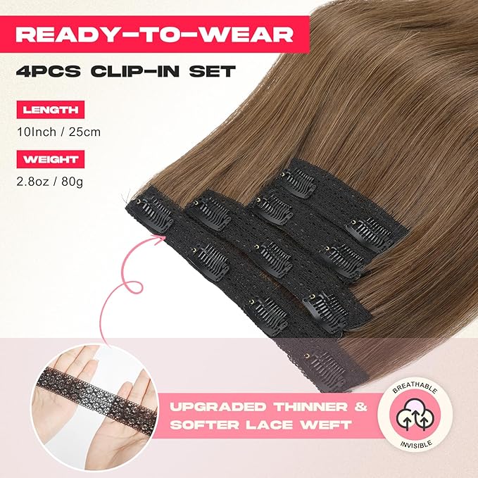 Hair Extensions, 10" Short Clip in Hair Extensions 4PCS Straight Natural Soft Synthetic Hairpiece for Women- Light Brown