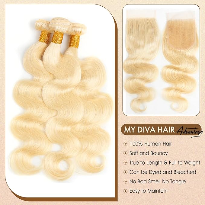 613 Bundles Human Hair with Closure 26 28 30 + 20 inch Blonde Body Wave Human Hair Bundles with Closure 100% Unprocessed Virgin Human Hair Weave Extensions with 4x4 Transparent Lace Closure