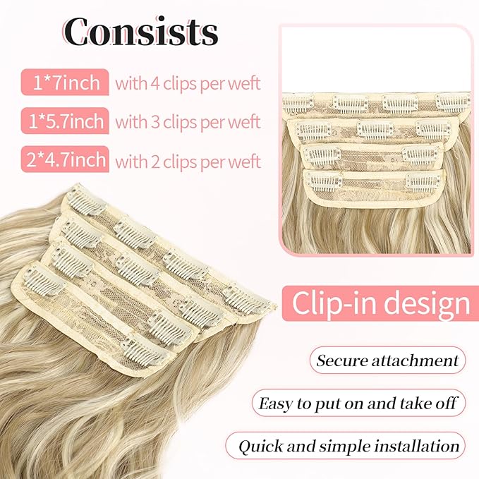 KooKaStyle Beach Blonde Hair Extensions Clip in Synthetic Highlight Hair Extensions Long Wavy 4PCS Thick Hairpieces 24 Inch Beach Blonde for Women