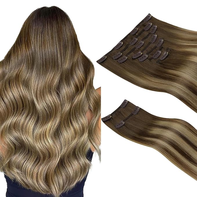 HOTBANANA Clip in Hair Extensions Real Human Hair, 150g 9pcs 20 inch Chocolate Brown with Honey Blonde Straight Remy Clip in Extensions Full Head for Women