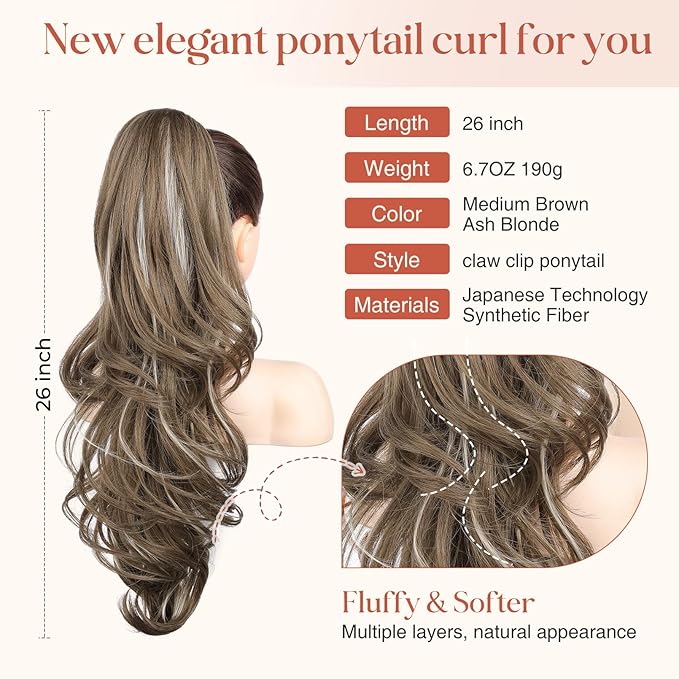 FLUFYMOOZ 26" Ponytail Extension, Long Wavy Curly Claw Clip in Ponytail Hair Extensions, Natural Synthetic Hairpiece for Women Daily Wear(Medium Brown Ash Blonde)