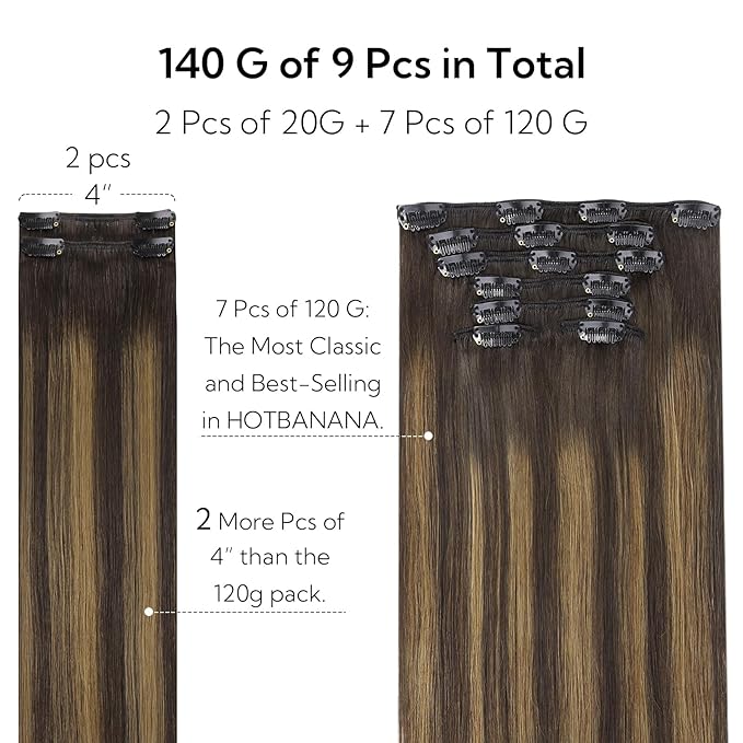 HOTBANANA Clip in Hair Extensions Real Human Hair, 135g 9pcs 16 inch Dark Brown to Chestnut Brown Straight Remy Clip in Extensions Full Head for Women