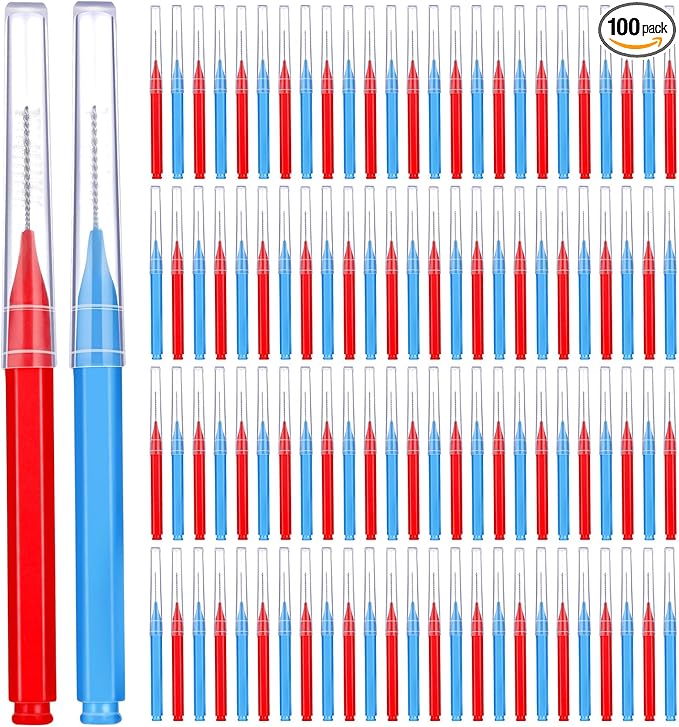 Patelai 100 Pieces Braces Brush for Cleaner Interdental Brush Toothpick Dental Tooth Flossing Head Oral Dental Hygiene Flosser Toothpick Cleaners Tooth Tool(Blue, Red,Suitable Size)