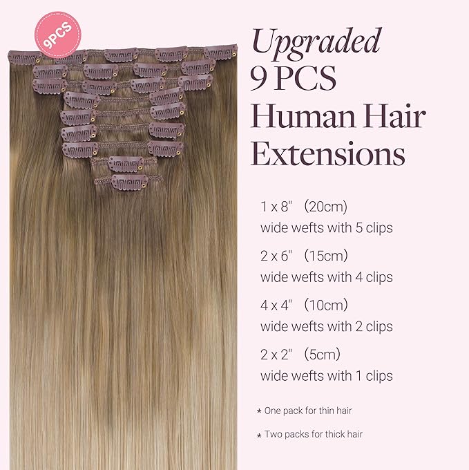 GOO GOO Clip in Hair Extensions Real Human Hair, Remy Human Hair Extensions Clip ins for Women, Natural Human Hair, 22inch 150g 9 Pcs, #9/18J/60 Chocolate Brown to Champagne Blonde Balayage