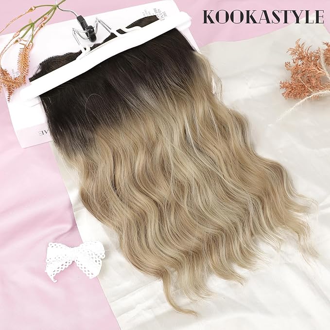 KooKaStyle Short Hair Extensions 6PCS 14 Inch Wavy Curly Hairpieces Synthetic Soft Lace Weft Clip in Hair Extensions-Ombre Brown to Mixed Blonde for Women