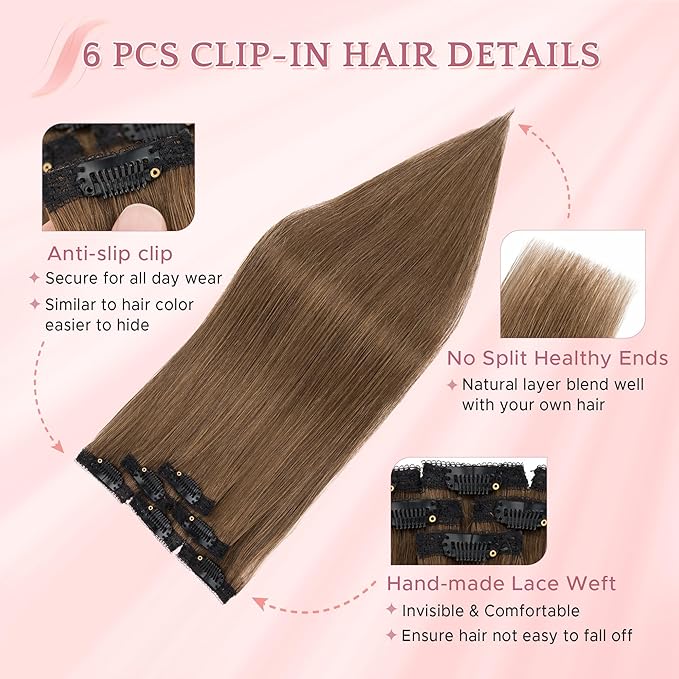 SEGO Single Clip In Hair Extensions Real Human Hair 6 Pcs Individual Clip Ins Remy Straight Soft Seamless Hairpieces for Women -16 Inch #04 Medium Brown