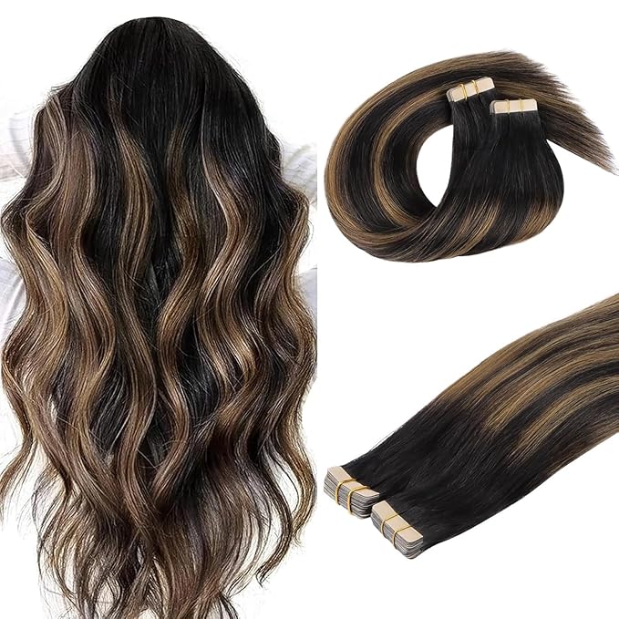 DOORES Human Hair Extensions, Balayage Natural Black to Chestnut Brown 22 Inch Real Tape in Hair Extensions Seamless Straight 100g 40pcs Seamless Tape in