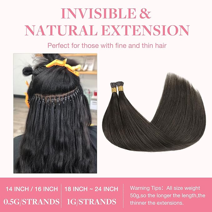 GOO GOO I Tip Hair Extensions, Real Human Hair, 16inch 50g 100S, Cold Fusion I Tip, Invisible Remy, 1C Mocha Brown