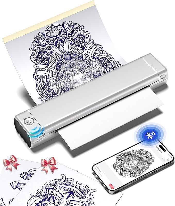 Phomemo Tattoo Stencil Printer, M08F Wireless Thermal Tattoo Printer with 10pcs Transfer Paper, Compatible with Phone/Tablet/PC, Tattoo Supplies for Tattoo Artists & Beginners, Silver