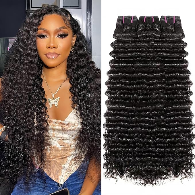 Deep Wave Human Hair Bundles - 22/24/26 Inch Deep Curly Brazilian Virgin Wet & Wavy Bundles - 3 Pack 15A Human Hair Extensions
