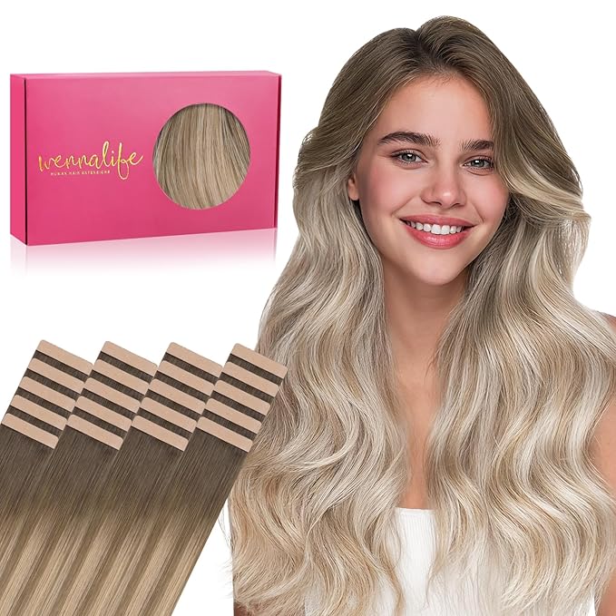 WENNALIFE Tape in Hair Extensions Human Hair, 20pcs 50g 16 inch Balayage Sandy Brown to Platinum Blonde Remy Hair Extensions for Women Tape Ins Straight Extensiones De Cabello Humano Skin Weft