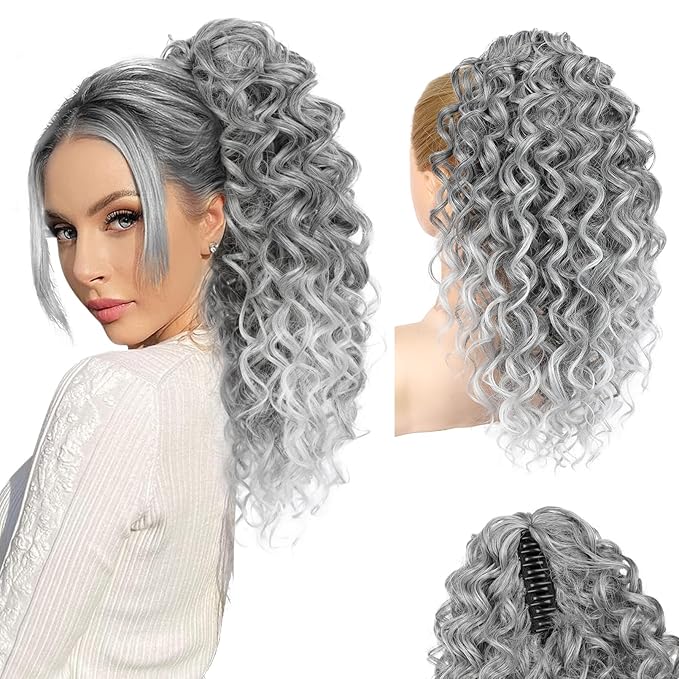 SEIKEA Ponytail Extension, 18" Claw Clip Ponytail Extension Wavy Curly Jaw Clip in Ponytail Hair Extensions Fluffy Natural Soft Fake Pony Tails Synthetic Hairpiece Silver Grey