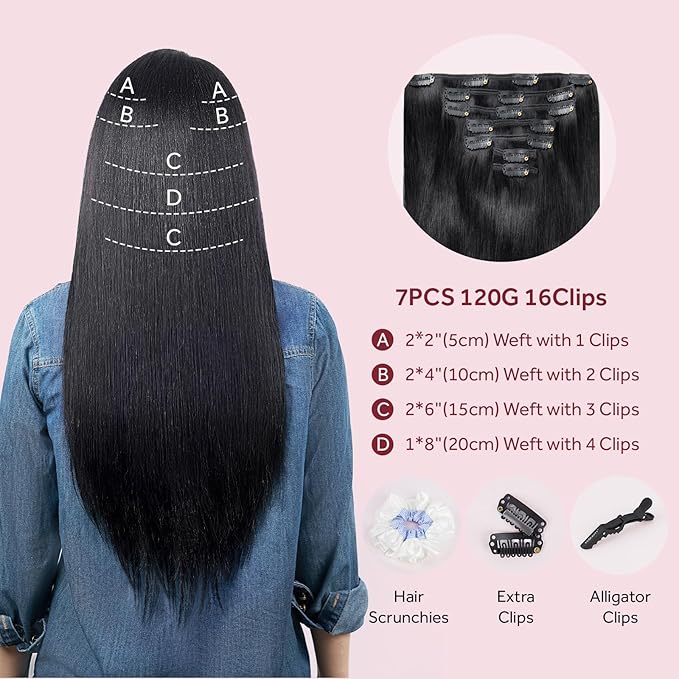 Clip in Hair Extensions Real Human Hair, Jet Black 100% Human Hair Extensions Clip in, Tangle-free Silky Straight Hair Extensions for Women, #1 20Inch 120G 7PCS