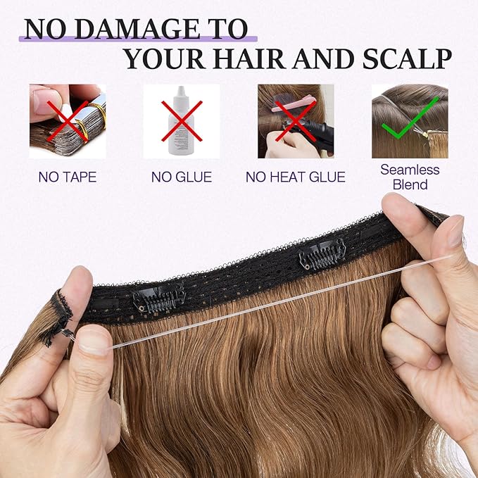 Halo Hair Extensions Real Human Hair,Halo Hair Extension 100% Human Hair,Wire Hair Extensions,Wavy 06 Light Brown 22 inch/75g