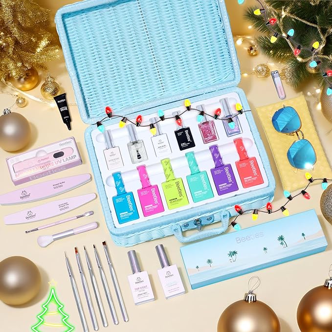 Beetles Christmas Gel Nail Polish Set with Mini LED Nail Lamp Purple Red Green Yellow Gel Polish with Base Top Coat Nail Art Brushes Salon DIY Gift Basket for Women