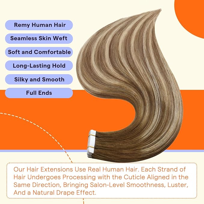 Full Shine Tape in Hair Extensions 30grams Invisible Tape in Hair Extensions Human Hair Color 4/27/60/8 Medium Brown Ombre Blonde And Ash Brown Balayage 12 Inch Remy Short Extensions 20PCS