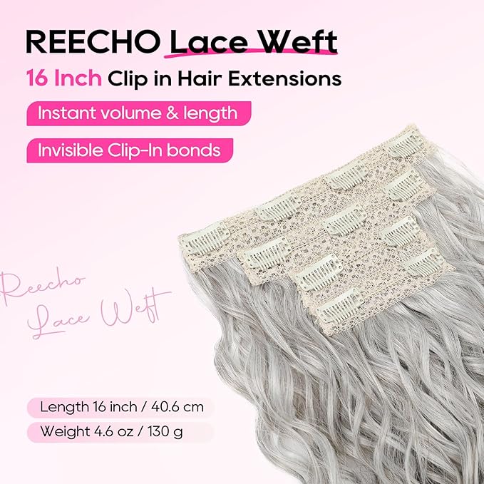 REECHO Curly Hair Extensions, 4PCS 16 inch Clip in Hair Extensions Lace Weft Short Curly Hair Extensions Clip Ins Invisible Natural Hairpieces for Women, Silver Grey