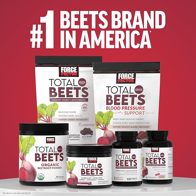 Force Factor Total Beets Ultimate Heart Health Chews for Blood Pressure Support, with Beetroot Powder, CoQ10, B Vitamins & Grapeseed Extract for Blood Flow & Energy, Black Cherry, 60 Soft Chews