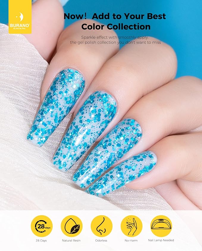 BURANO Glitter Nail Polish, LED UV Shimmer Holographic Effect Soak Off, No Chip Sparkle Polish for Home DIY Nail Salon (Lake Blue LP5)