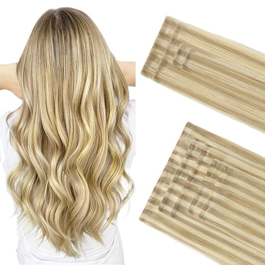 GOO GOO Invisi Edge Clip in Hair Extensions Set, 20inch 180g, 4pcs Injected Seamless PU Clip ins and 5pcs Classical PU Clip inss, Virgin Real Human Hair, #P16/22A