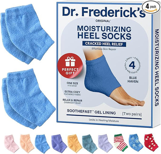 Dr. Frederick's Original Moisturizing Fuzzy Heel Socks - 2 Pairs - Cozy Gel-Lined Sleep Socks for Women & Men - Soothes Dry, Cracked Feet - Heel Repair - Blue Haven