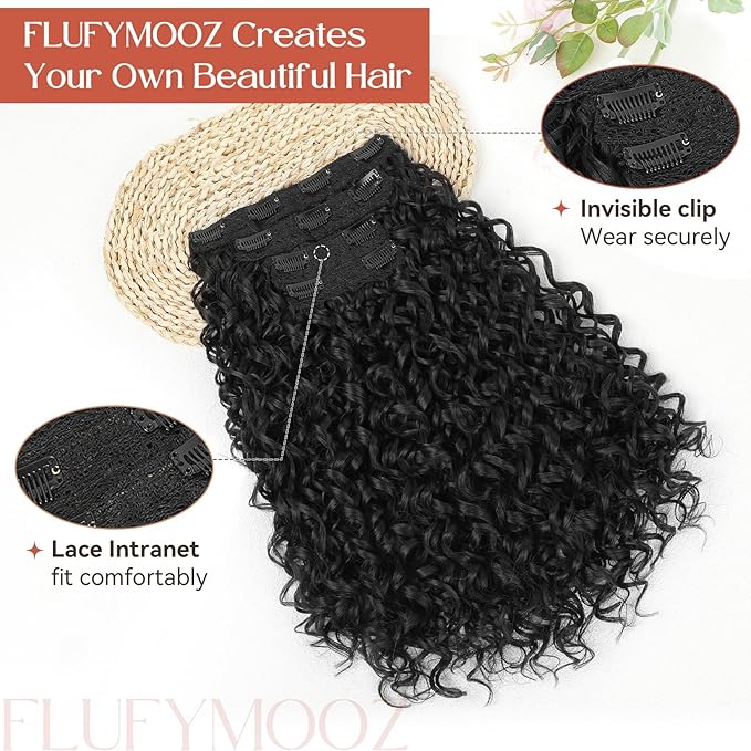 FLUFYMOOZ Clip in Hair Extensions, 18'' 4PC 100％ Pure Protein Silk Curly Hair extension for Women Lace Weft Hairpiece Natural Soft and comfortable for Daily Use-Black