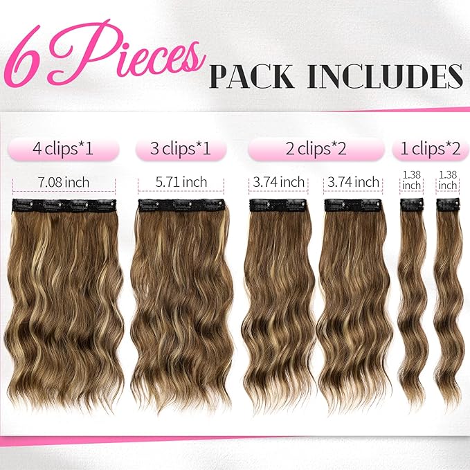 KooKaStyle Short Hair Extensions 6PCS 14 Inch Wavy Curly Hairpieces Synthetic Soft Lace Weft Clip in Hair Extensions-Light Brown with Caramel Blonde for Women