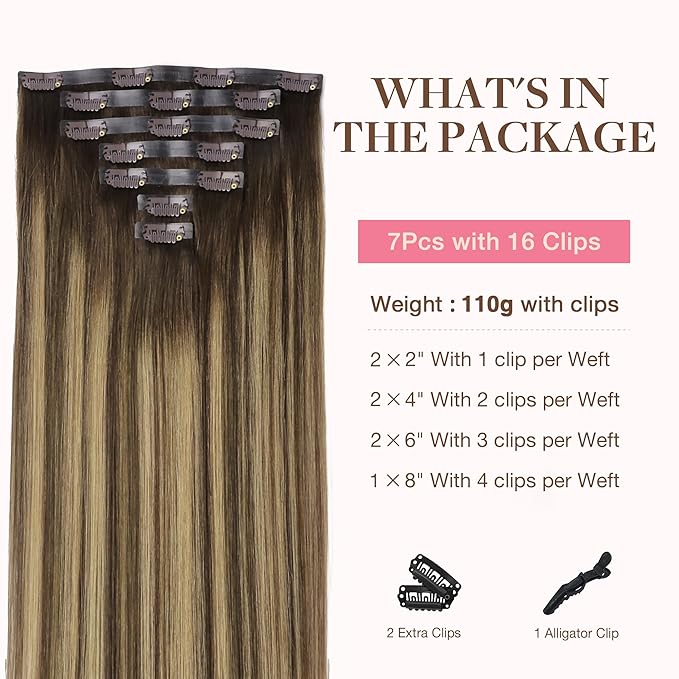 GOO GOO Clip in Hair Extensions Real Human Hair, Remy Human Hair Extensions Clip ins for Women, Natural Human Hair, 22inch 110g 7Pcs, 4/27/4 Balayage Chocolate Brown to Caramel Blonde