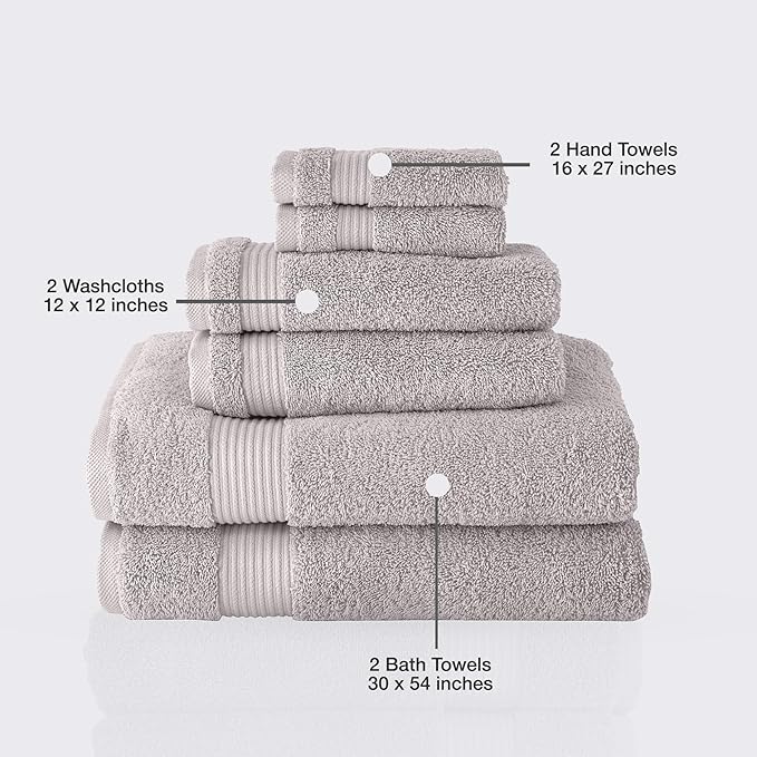 Classic Turkish Towels CTT - Luxury 6 Piece Towel Set, 100% Turkish Cotton, Quick Drying, Highly Absorbent & Comfy, Includes 2 Bath Towels, 2 Hand Towels & 2 Washcloths | (Light Grey)