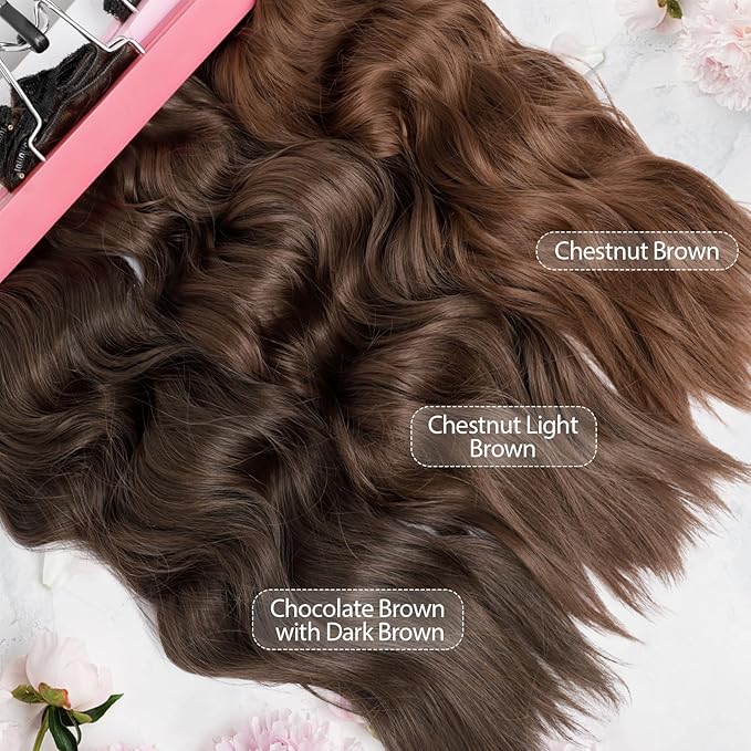 KooKaStyle Clip in Hair Extensions for Women with Thinning Hair，7PCS 20 Inch Thick Long Wavy Hair Extensions Clip Ins，Chocolate Brown with Dark Brown Synthetic Hairpiece for Daily Use Voluminous Look
