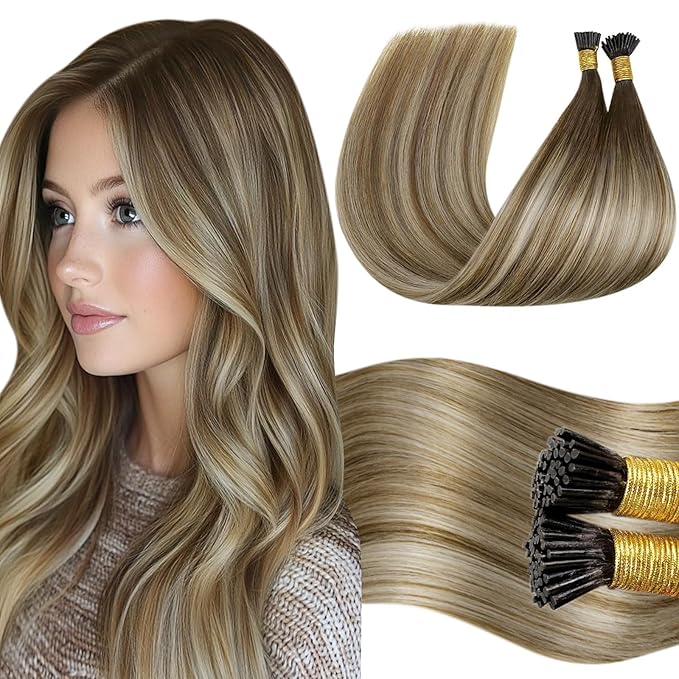 LaaVoo Itip Human Hair Extensions Ombre I Tip Hair Extensions Balayage Brown to Medium Brown with Blonde Remy Hair 50 Strands 50g 22inch