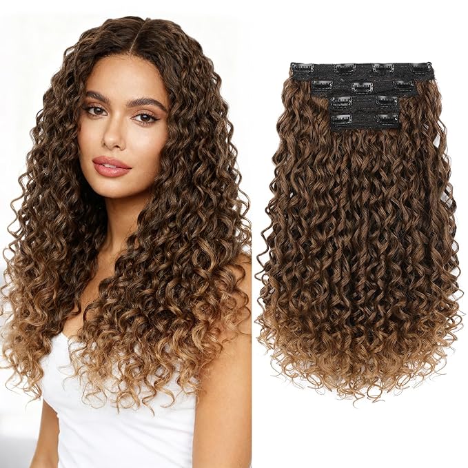 FLUFYMOOZ Clip in Hair Extensions, 18'' 4PC 100％ Pure Protein Silk Curly Hair extension for Women Lace Weft Hairpiece Natural Soft and comfortable for Daily Use-Almond Brown with Cooper Red