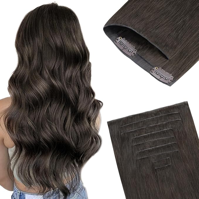 GOO GOO Invisi Edge Clip in Hair Extensions, 22inch 150g 7Pcs, Injected Seamless PU Clip in Hair Extensions, Virgin Real Human Hair, #1C Mocha Brown