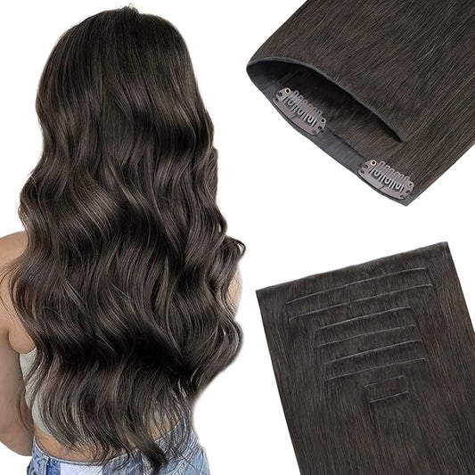 GOO GOO Invisi Edge Clip in Hair Extensions, 22inch 150g 7Pcs, Injected Seamless PU Clip in Hair Extensions, Virgin Real Human Hair, #1C Mocha Brown