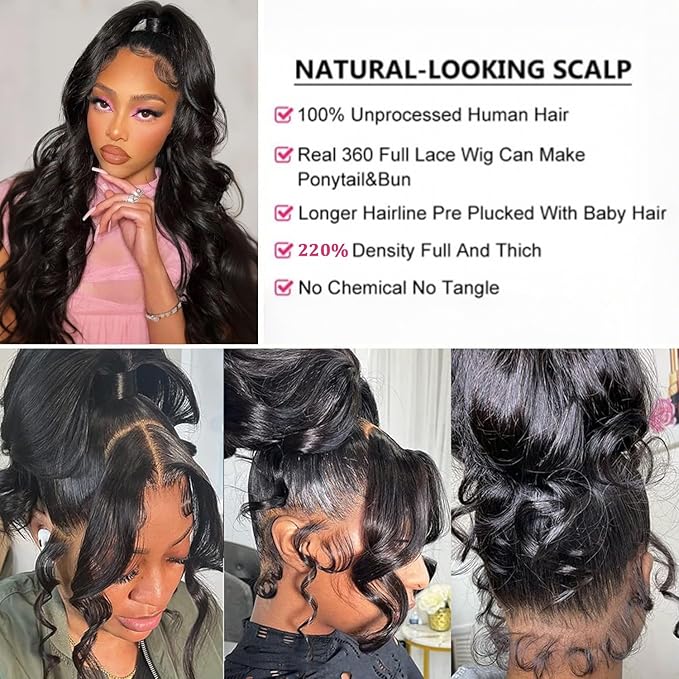 360 Lace Front Wigs Human Hair 220% Density Hidden Straps Body Wave HD Lace Front Wigs with Drawstring 360 Full Lace Wigs Brazilian Virgin Human Hair Wig for Women Natural Black 34Inch