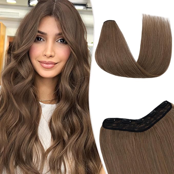 One Pieces Clip in Hair Extensions Human Hair Upgraded V-Shaped 5 Clips in Hair Extensions Human Hair Long One Piece Hairpiece for Women,16 Inch,#06 Light Brown,65g