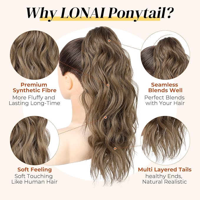 LONAI Ponytail Extension, 18" Wavy Claw Clip Ponytail Extensions ZJ001 Curly Wavy Claw Clip in Ponytail Hair Extensions Synthetic Fake Pony tails Hairpieces-Dark Ash Blonde with Hightlights