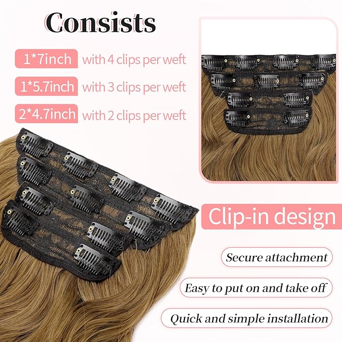 KooKaStyle Clip in Synthetic Hair Extensions Long Wavy 4PCS Thick Hairpieces Brown with Multi - Tone Highlights Fiber Double Weft Natural 24 Inch for Women