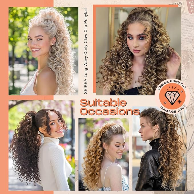 SEIKEA Ponytail Extension, 24" Fluffy Long Wavy Curly Claw Clip Hair Extensions Ponytail Multi-layered Clip in Fake Pony Tails Natural Soft Synthetic Hairpiece Light Ash Brown