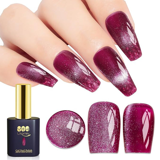 YTD Likomey Cat Eye Gel Nail Polish,15ml Bright Plum Pink Holographic Translucent Neutral Velvet Jelly Sheer Magnetic Dragon Fruit Shimmer Glitter Fall Winter UV Color Varnish with Magnet Stick,MY378
