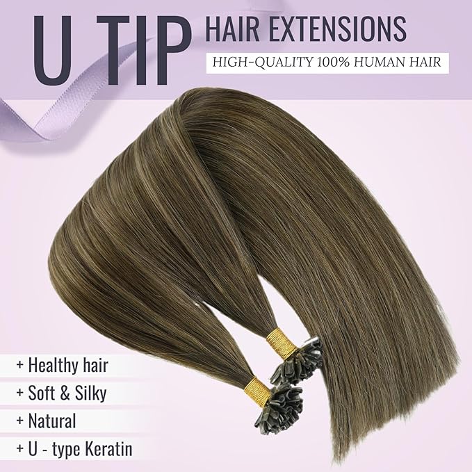 Fshine K Tip Hair Extensions Real Human Hair 22 Inch Keratin Bond Hair Extensions Pre Bonded Remy Human Hair Balayage Dark Brown to Chestnut Brown Nail Tip Hair Extensions Long Straight Hair 50g/50s