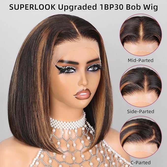 FB30 Ombre Bob Wig Human Hair Real 210% Density Ready to Go Glueless Wig 12a Straight Highlight Bob Wigs Human Hair Pre Cut Lace Pre Bleached Tiny Knots (12inch, 13x4 FB30 Bob)