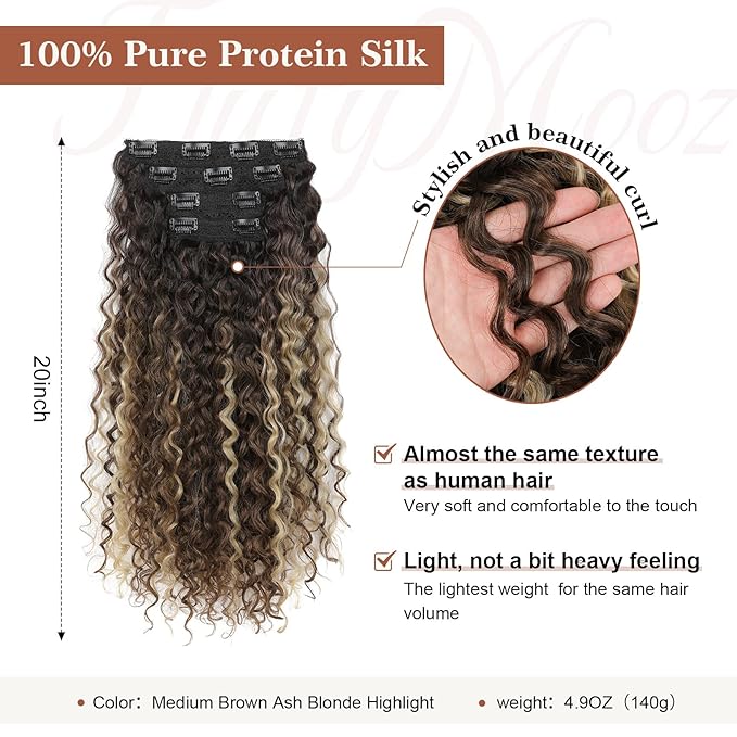 Clip in Hair Extensions, FLUFYMOOZ 4PC 100％ Pure Protein Silk Hair Extensions Long Soft Natural Hairpiece 20 Inch Curly Hair Extension for Women (Medium Brown Ash Blonde Highlight)