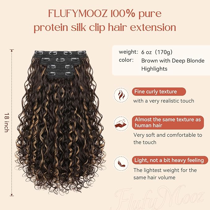FLUFYMOOZ Clip in Hair Extensions, 18'' 4PC 100％ Pure Protein Silk Curly Hair extension for Women Lace Weft Hairpiece Natural Soft and comfortable for Daily Use-Brown with Deep Blonde Highlights