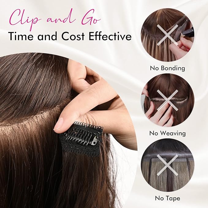 Clip in Hair Extensions, REECHO 5PCS Hair Extensions 24" Thick Long Loose Waves hair extensions HE002 Invisible Lace Weft Natural Soft Hairpieces for Women – Chocolate Brown with Blonde Highlights