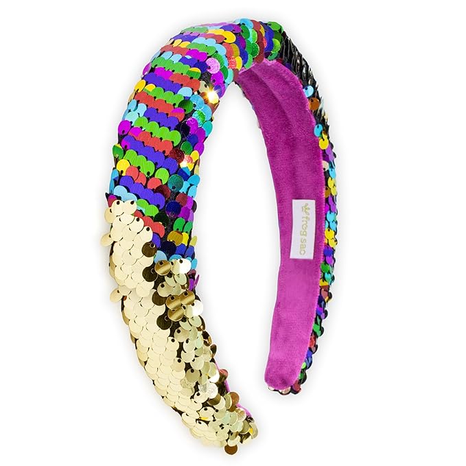 FROG SAC Sequin Headband for Girls, Wide Headbands for Kids, Sparkly Reversible Sequined Toddler Hair Bands, Sparkle Head Band Hair Accessories, Easter Basket Fillers Stocking Stuffers (Rainbow/Gold)
