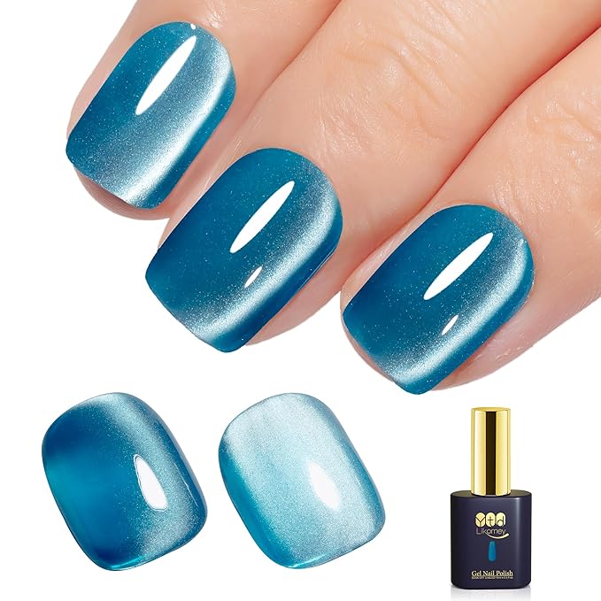 YTD Likomey Cat Eye Gel Nail Polish,Silk Glass 15ml Blue Magnetic Shimmer Glitter Moonlight Jelly Shiny Salon Home Fall Winter UV Color Varnish with Magnet Stick,HEMA Free TPO Free,MY504