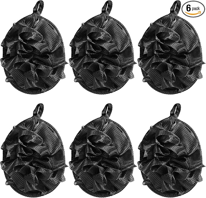Boao 6 Pcs Bath Shower Pouf Sponge Mesh Pouf Shower Ball Exfoliating Body Sponge Pad Scrubber Glove with Flower Bath Ball (Black)